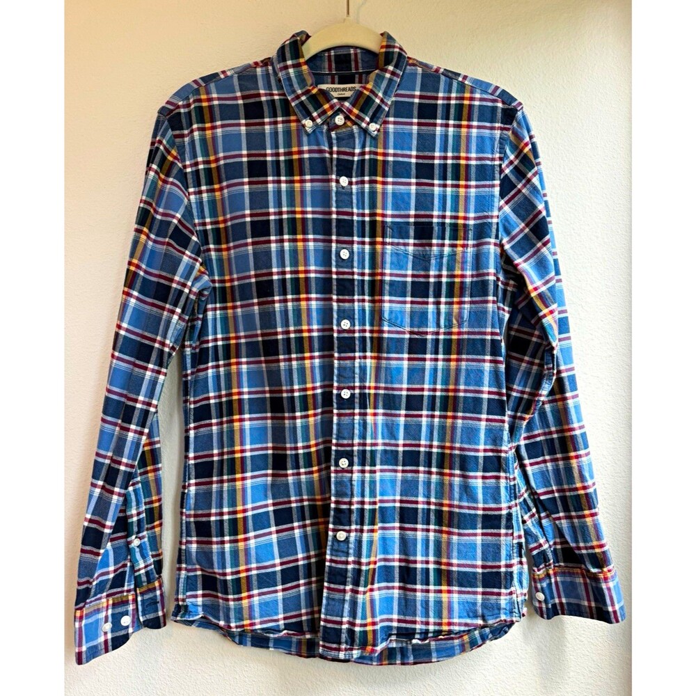 Goodthreads M Oxford Cotton Plaid Slim Fit Long Sleeve Button-Up Shirt Blue